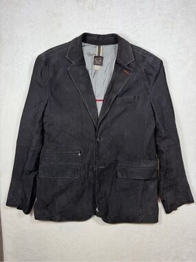 Gimo’s Large Dark Suede Blazer Contrast Stitching Made in Italy 100% Leather EUC